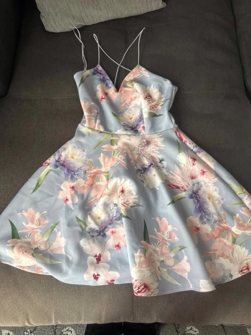 Floral Fit & Flare Midi Dress with Spaghetti Straps - Light Blue